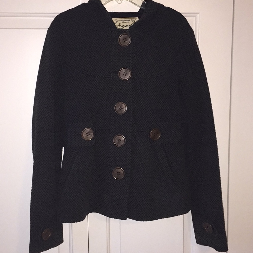 Wooden button hooded pea coat